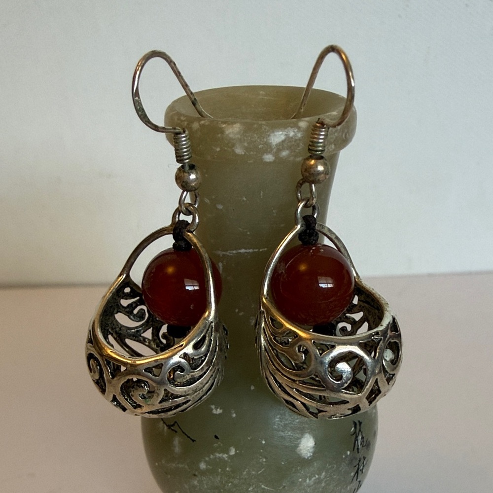 Elegant Silver and Red Filigree Earrings